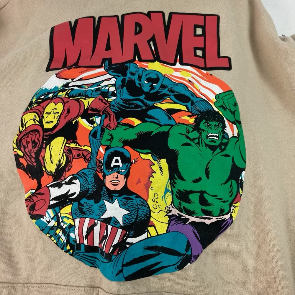 Marvel Beige Hoodie with Multicolor Avengers Graphic Men’s Small Long Sleeve